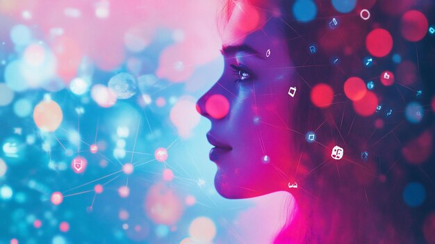 Digital profile of a young woman overlaid with glowing network graphics and abstract bokeh