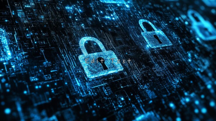 PSD digital security concept with glowing padlocks on a circuit board background
