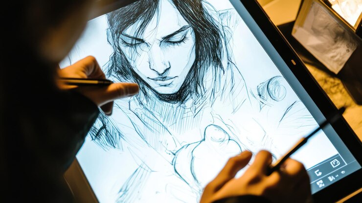 PSD digital sketching on a tablet by an artist