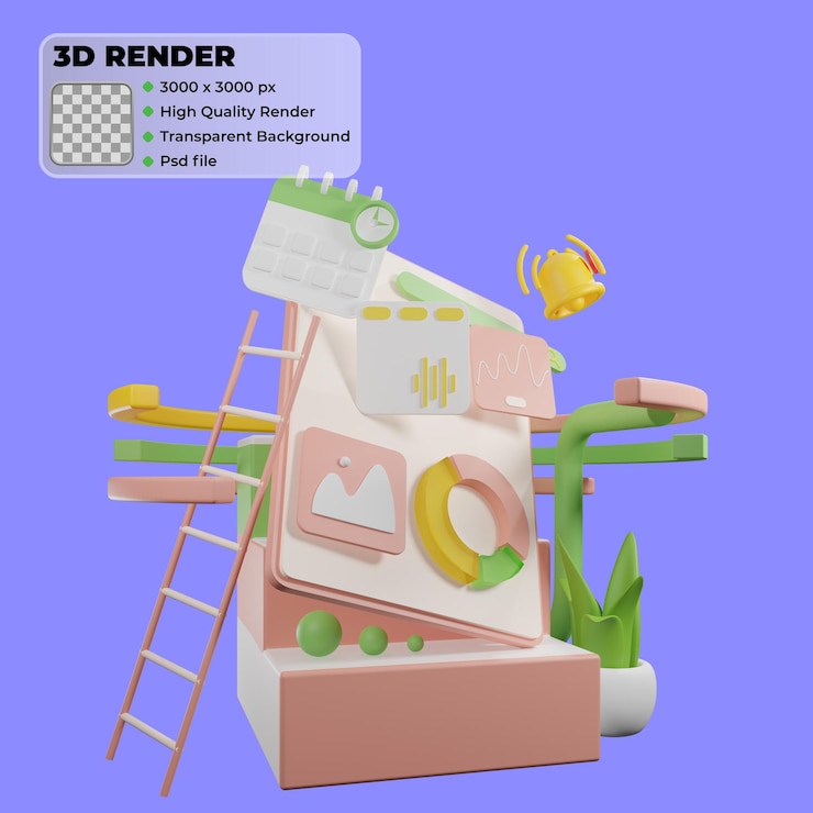 PSD digital social marketing 3d isometric analystic graph calendar 3d pink