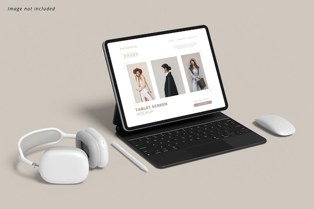 PSD digital tablet pro with keyboard mockup