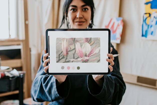 digital tablet screen mockup psd woman artist showing her own drawing on the tablet