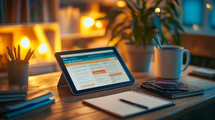 PSD digital tablet with web page displayed on a wooden desk at night surrounded by notebooks pens and a cup of tea soft lighting and plants