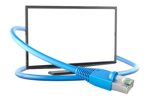 Digital Video Broadcasting Internet concept Smart TV set with Lan Cable 3D rendering isolated on transparent background