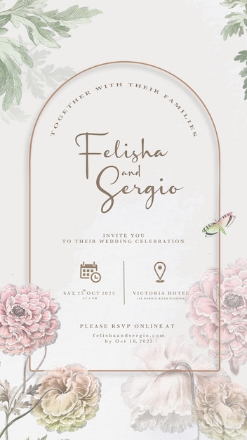 PSD digital wedding invitation with pink flower