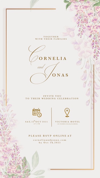 PSD digital wedding invitation with pink hyacinths