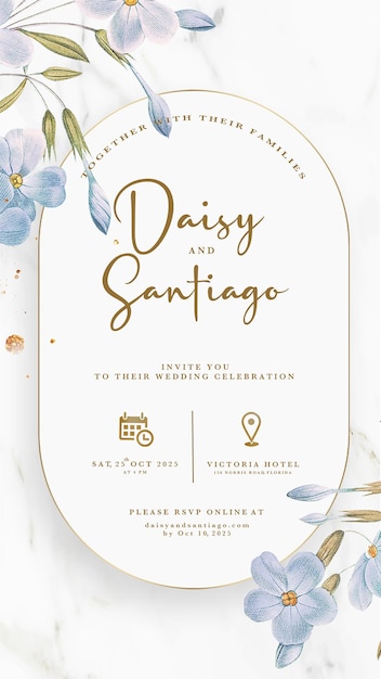 PSD digital wedding invitation with poppy flower