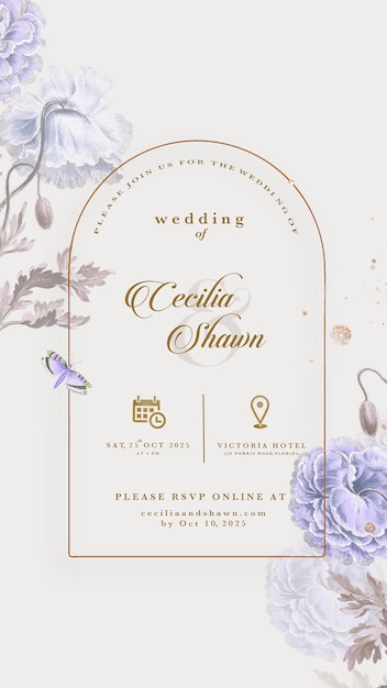 Digital wedding invitation with vintage purple flower