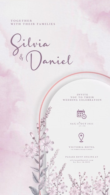 PSD digital wedding invitation with watercolor background