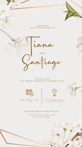 PSD digital wedding invitation with white cherry blossom