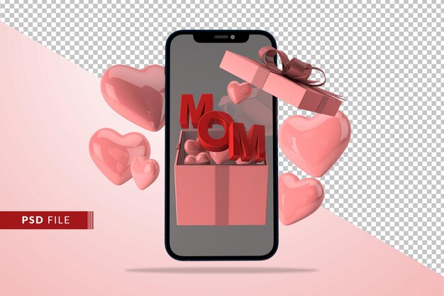 Digitale liefde concept voor moeders dag met geschenkdoos rood hart 3d render