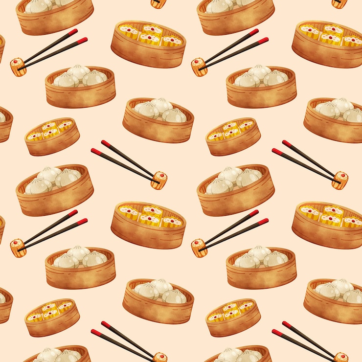 PSD dim sum in bamboo steamer including dumplings and bao buns handdrawn watercolor seamless pattern