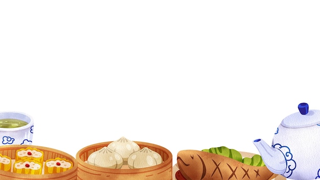 Dim sum i chińskie dania podawane z porcelanową herbatą ręcznie narysowaną akwarelową ramką malarską