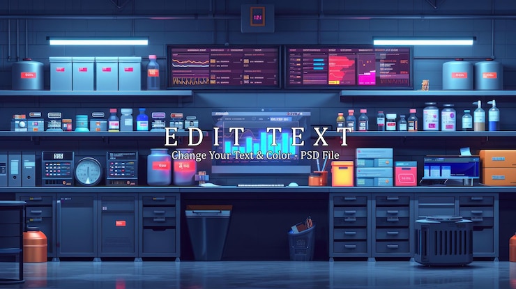 PSD a dimly lit industrial laboratory with various scientific equipment monitors displaying data and shelves stocked with chemicals