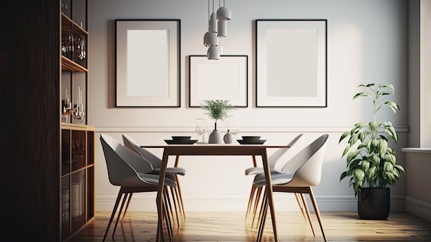 Dining room interior mockup with wooden table chairs plant pots and image placeholder frames hanging on wall 3d rendering