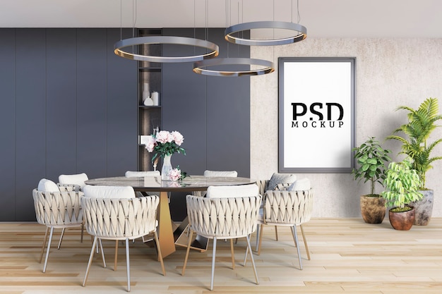 PSD dining room with round table and picture frame