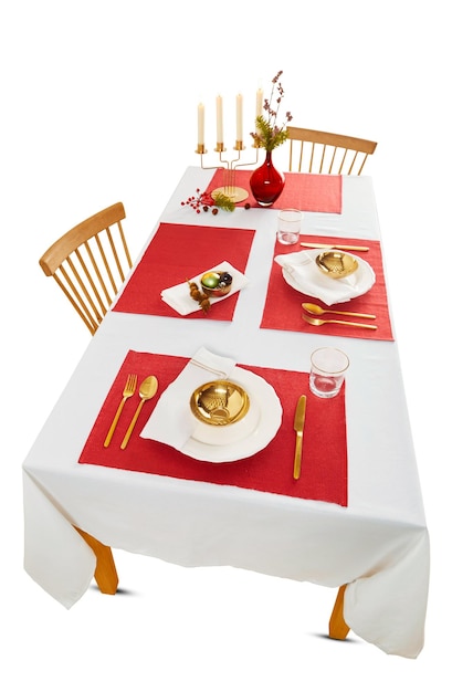 Dining table and chair set with well decorated cloth appliance candle and vase