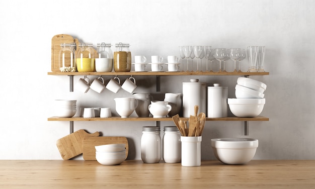 dinnerware elements on wooden shelf