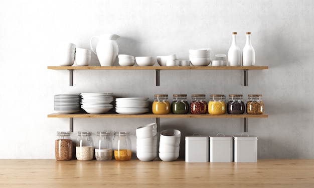 dinnerware elements on wooden shelf