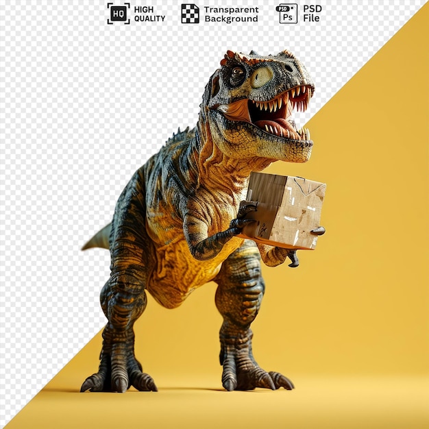 PSD dinosaur like creature carrying a box on its back with a gray tail and black foot visible and a leg