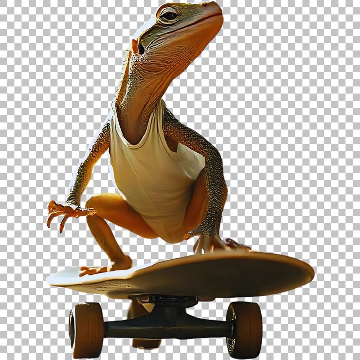 PSD a dinosaur on a skateboard with a shirt that says a dinosaur on it