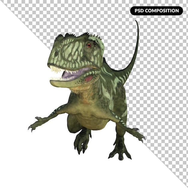Un dinosauro con un t-rex verde sul lato sinistro.