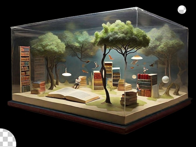 PSD a diorama of an invisible library with floating books showcasing the idea that the world of literature is so vast and diverse that it goes beyond what the eye can see