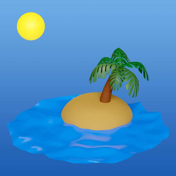 PSD diorama van een eiland met palmbomen, zon en water