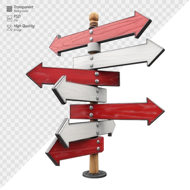 Directional signpost with multiple arrows on transparent background