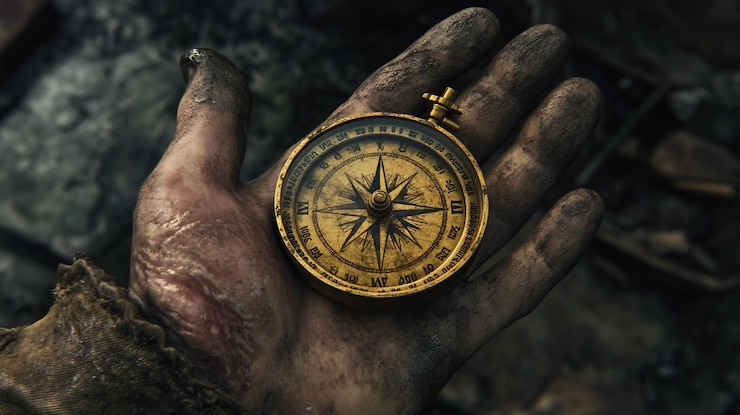 PSD dirty hand holding antique compass showing direction