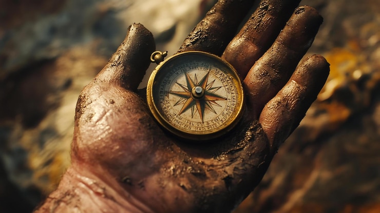 PSD dirty hand holding antique compass