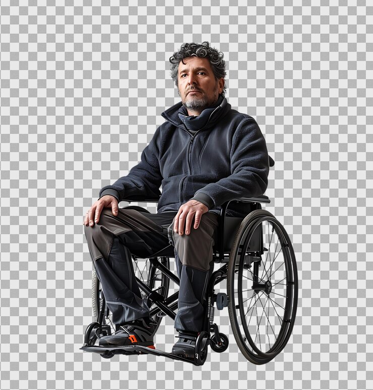 PSD disabled man on wheel chair isolated on transparent background