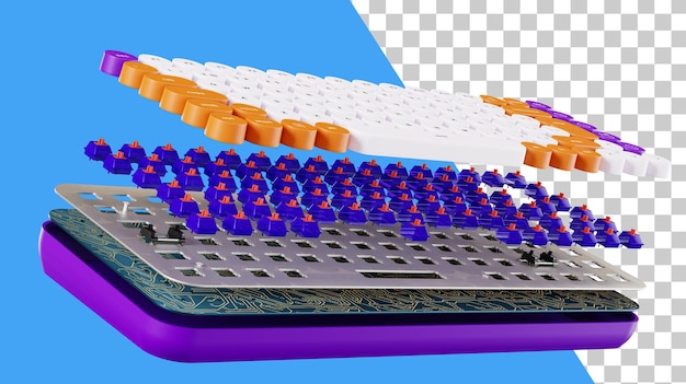 Tastiera smontata tastiera nella sezione parti interne rendering 3d parti della tastiera meccanica