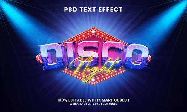 PSD disco night 3d text effect template with casino sign board and light