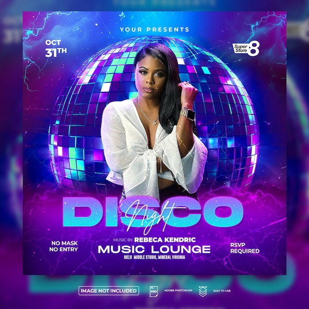 PSD disco night music party of night club party evenement flyer of social media post template