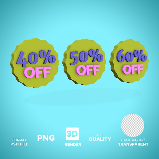 PSD discount label 40 50 60 percent 3d render icon isolated object