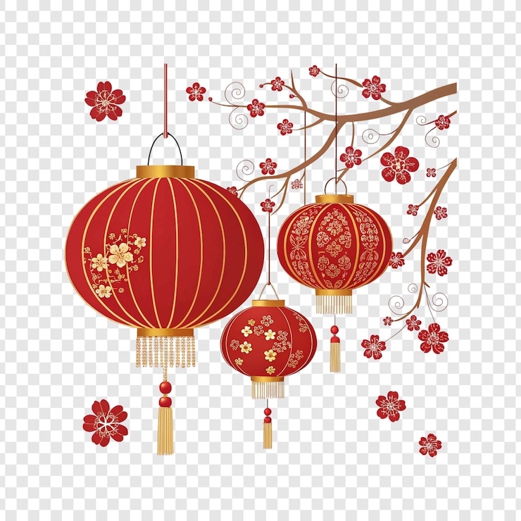 PSD discover stunning chinese new year lunar red plum lantern patterns in png transparent format