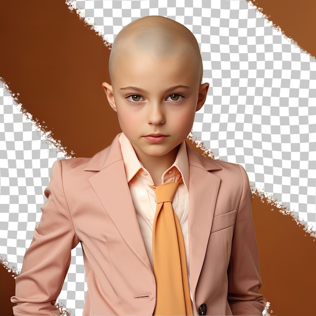 A disgusted child girl with bald hair from the slavic ethnicity dressed in actuary attire poses in a back to camera with turned head style against a pastel tangerine background