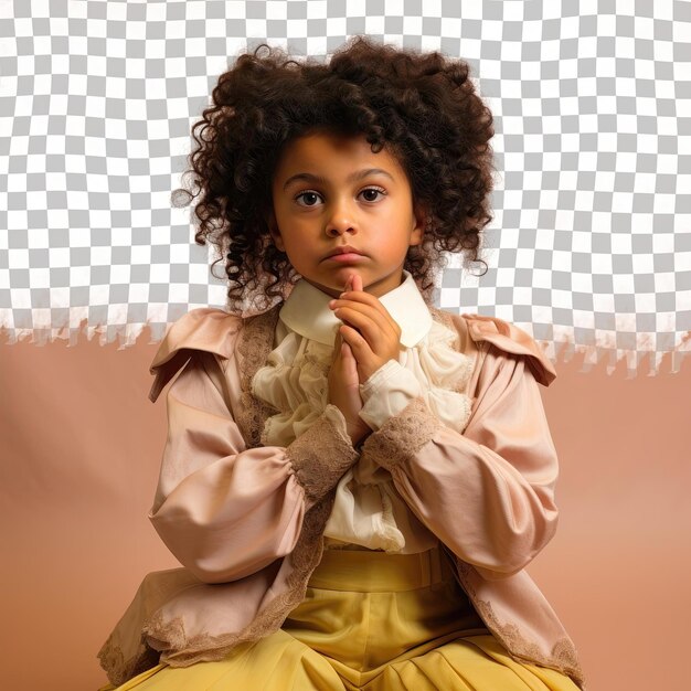 PSD a disgusted child girl with kinky hair from the native american ethnicity dressed in cabinetmaker attire poses in a seated with one hand raised style against a pastel cream background