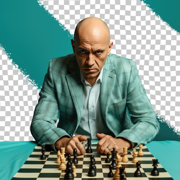 PSD a disgusted middle aged man with bald hair from the hispanic ethnicity dressed in playing chess attire poses in a leaning against a wall style against a pastel turquoise background