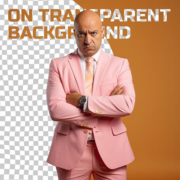 PSD a disgusted middle aged man with bald hair from the south asian ethnicity dressed in banker attire poses in a back arch with hands on thighs style against a pastel coral background