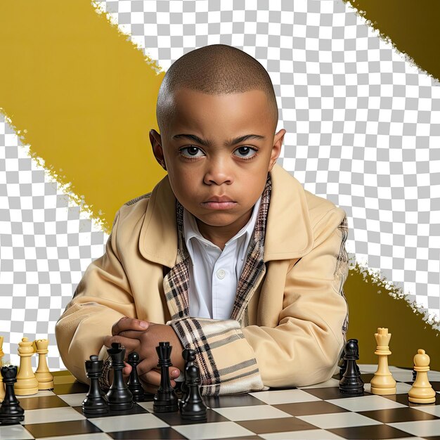 PSD a disgusted preschooler boy with bald hair from the african american ethnicity dressed in playing chess attire poses in a one shoulder forward style against a pastel yellow background