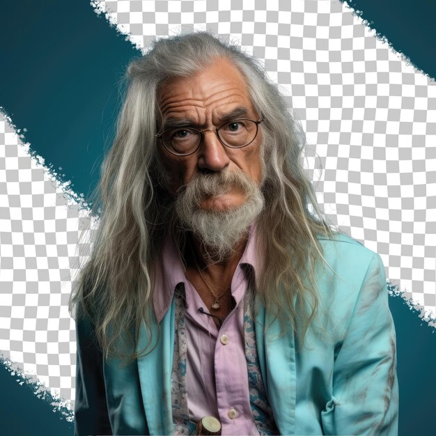 PSD a disgusted senior man with long hair from the uralic ethnicity dressed in landscape architect attire poses in a focused gaze with glasses style against a pastel teal background