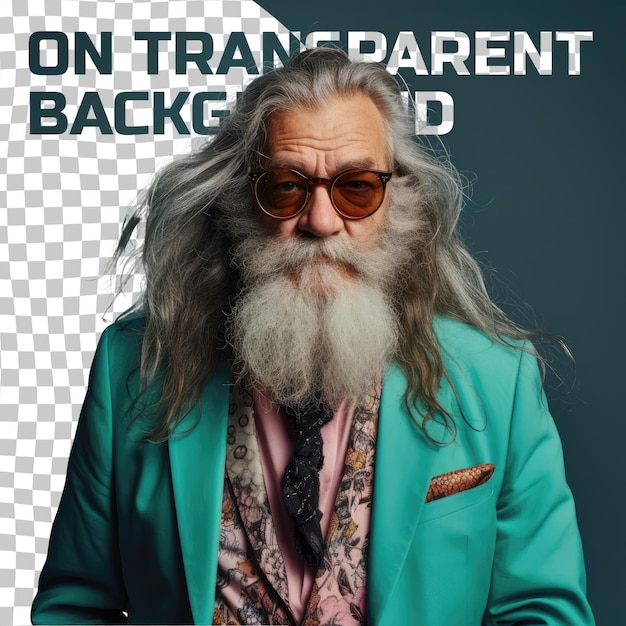 PSD a disgusted senior man with long hair from the uralic ethnicity dressed in landscape architect attire poses in a focused gaze with glasses style against a pastel teal background
