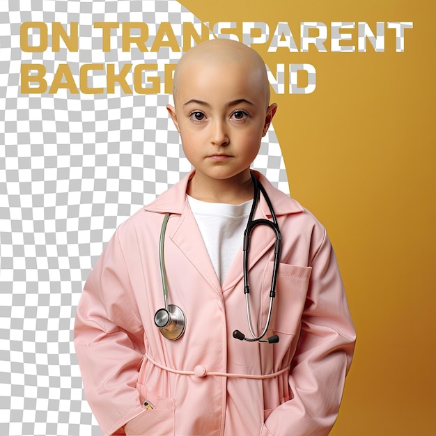 a disgusted toddle girl with bald hair from the native american ethnicity dressed in pharmacist attire poses in a standing with tilted hips style against a pastel apricot background