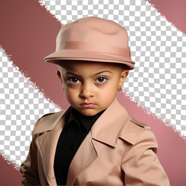 PSD a disgusted toddle girl with bald hair from the pacific islander ethnicity dressed in private investigator attire poses in a gaze through a prop like a hat style against a pastel beige backg