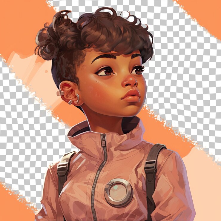 PSD a disgusted toddle girl with short hair from the african ethnicity dressed in machinist attire poses in a sideways glance style against a pastel peach background