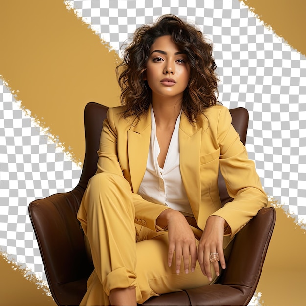 PSD a disgusted young adult woman with wavy hair from the asian ethnicity dressed in mediator attire poses in a seated pose with crossed legs style against a pastel yellow background