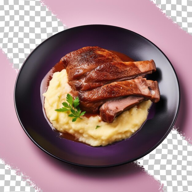 PSD dish of mashed potato accompanies roast duck