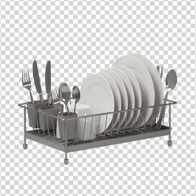 Dish rack filled with clean plates cups and silverware